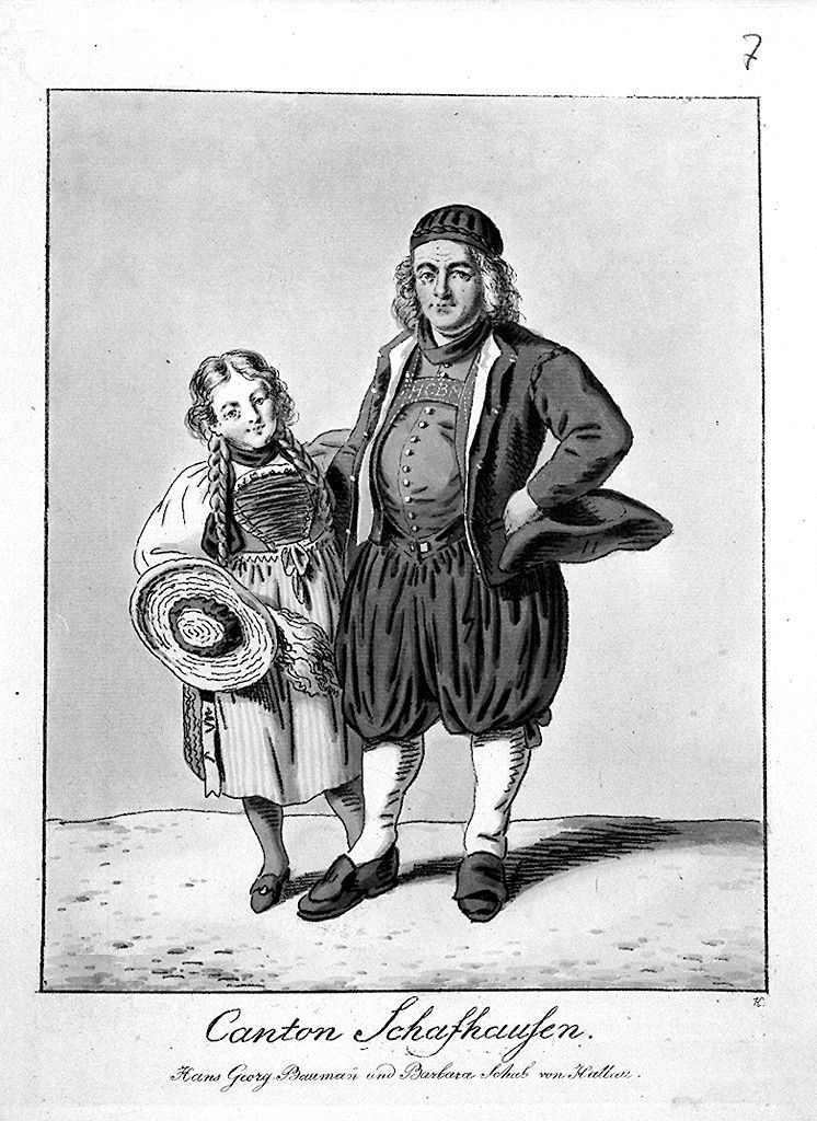 costumi del cantone di Sciaffusa (stampa a colori, elemento d'insieme) di Konig Franz Niklaus (sec. XIX, sec. XIX)