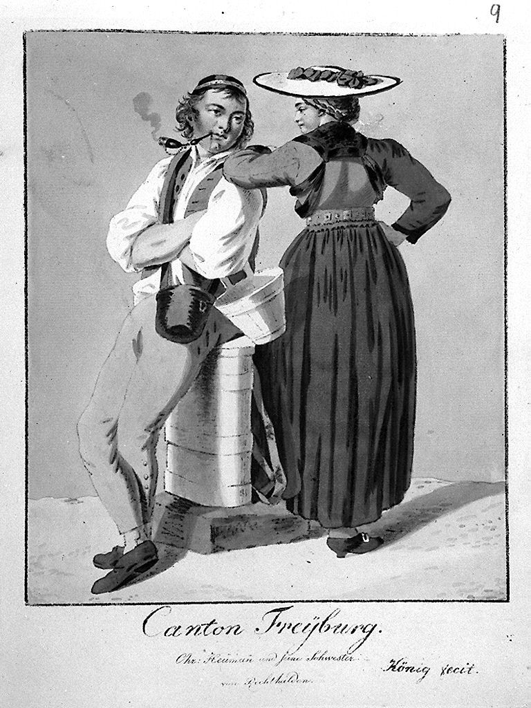 costumi del cantone di Friburgo (stampa a colori, elemento d'insieme) di Konig Franz Niklaus (sec. XIX, sec. XIX)