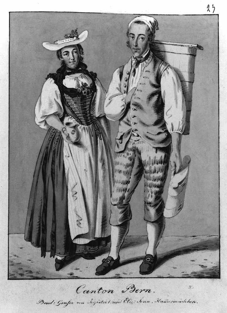 costumi del cantone di Berna (stampa a colori, elemento d'insieme) di Konig Franz Niklaus (sec. XIX, sec. XIX)