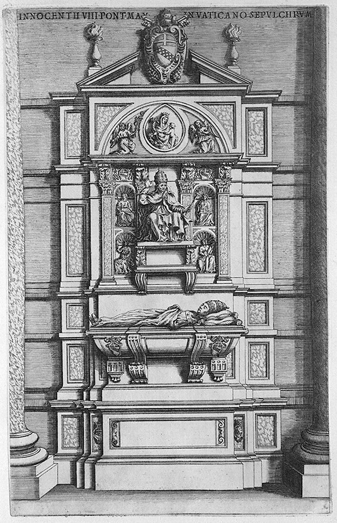 monumento sepolcrale di papa Innocenzo VIII (stampa, elemento d'insieme) di Bartoli Pietro detto Sante Santi (sec. XVII, sec. XVIII)