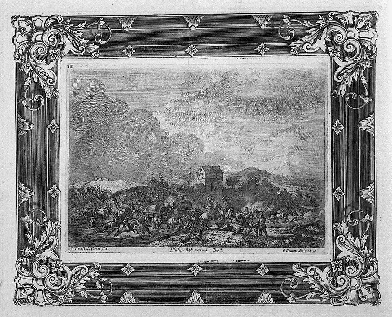 cavalli e carrozze al guado (stampa, stampa composita) di Prenner Anton Joseph von (sec. XVIII)