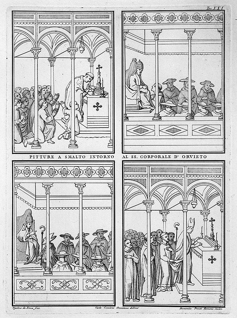 episodi della messa di Bolsena (stampa, elemento d'insieme) di Pronti Domenico, Cencioni Carlo, Ugolino di Vieri (sec. XVIII)