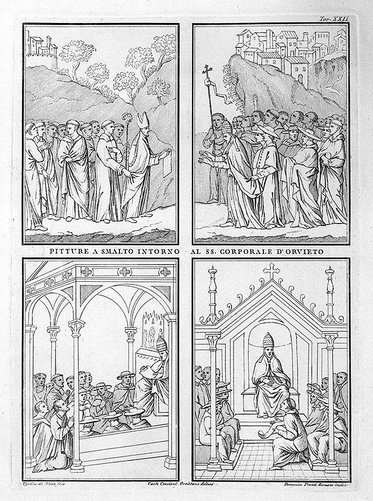 episodi della messa di Bolsena (stampa, elemento d'insieme) di Pronti Domenico, Cencioni Carlo, Ugolino di Vieri (sec. XVIII)