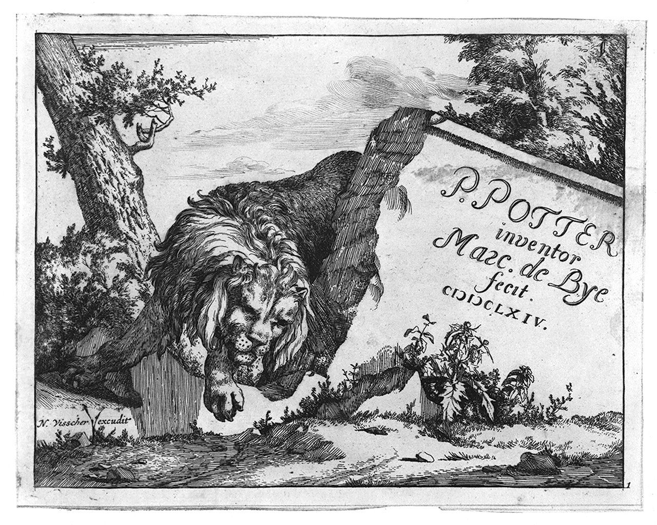 leone dietro una lapide (stampa tagliata, elemento d'insieme) di Bye Marcus de, Potter Paulus (sec. XVII)