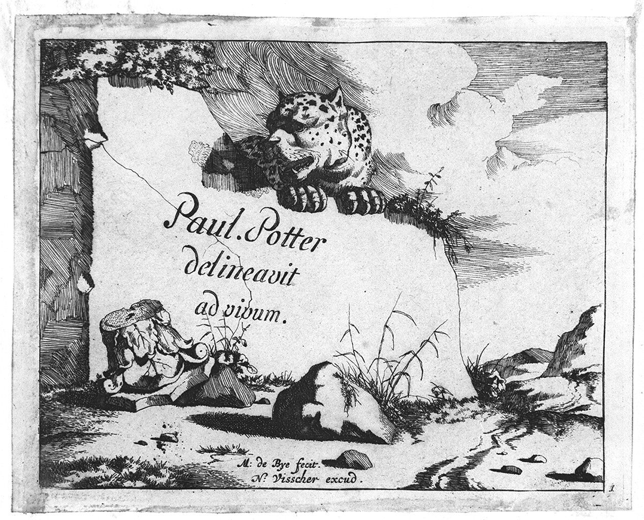 leopardo dietro una lapide (stampa tagliata, elemento d'insieme) di Bye Marcus de, Potter Paulus (sec. XVII)
