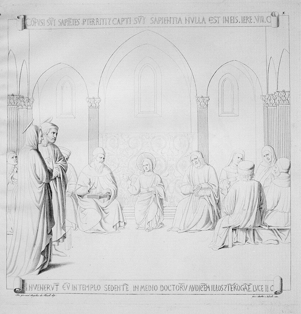 disputa di Gesù con i dottori nel tempio (stampa, elemento d'insieme) di Nocchi Giovanni Battista, Guido di Pietro detto Beato Angelico (sec. XIX)