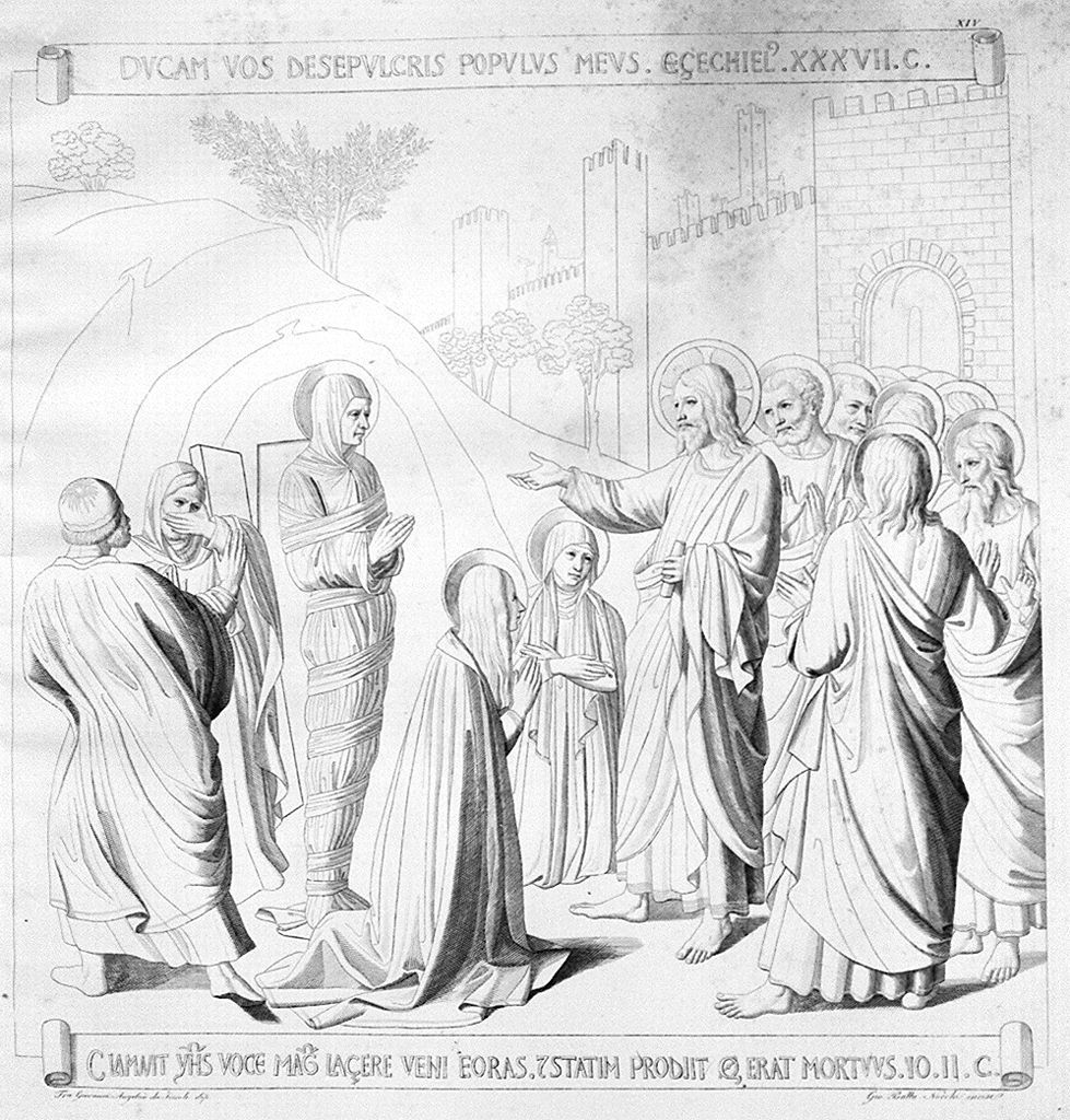 resurrezione di Lazzaro (stampa smarginata, elemento d'insieme) di Nocchi Giovanni Battista, Guido di Pietro detto Beato Angelico (sec. XIX)