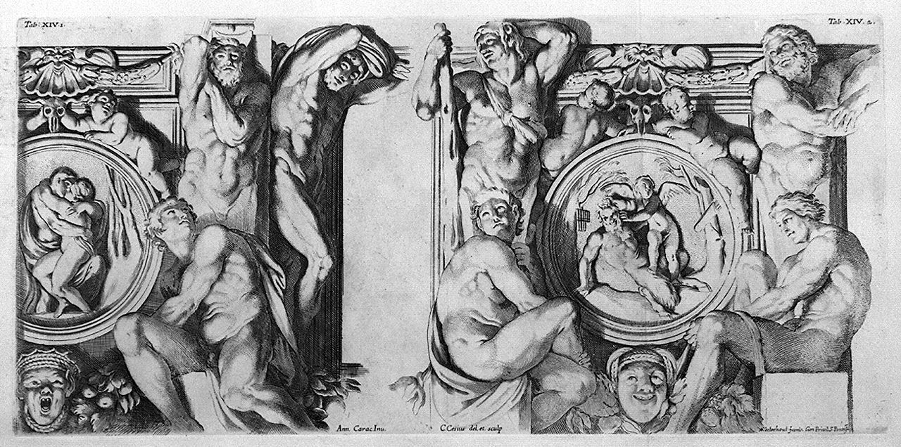 personaggi mitologici tra nudi maschili, putti, erme e mascheroni (stampa, elemento d'insieme) di Cesi Carlo, Carracci Annibale (sec. XVII, sec. XVII, sec. XVIII)