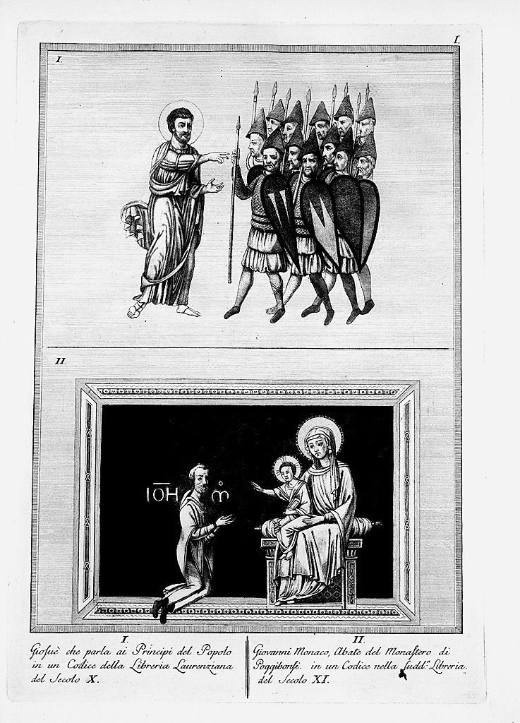 Giovanni monaco prega la Madonna con Bambino e Giosù parla ai principi del popolo (stampa, elemento d'insieme) di Lasinio Carlo (sec. XVIII)