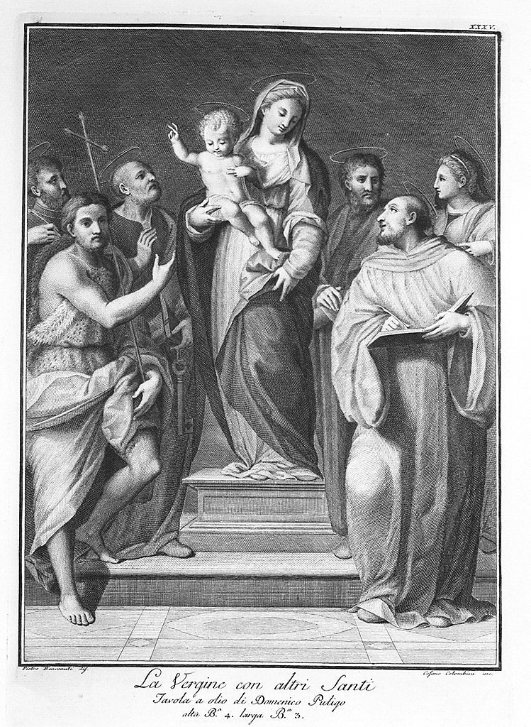 Madonna con Bambino tra Santi (stampa, elemento d'insieme) di Colombini Cosimo, Benvenuti Pietro (sec. XVIII)