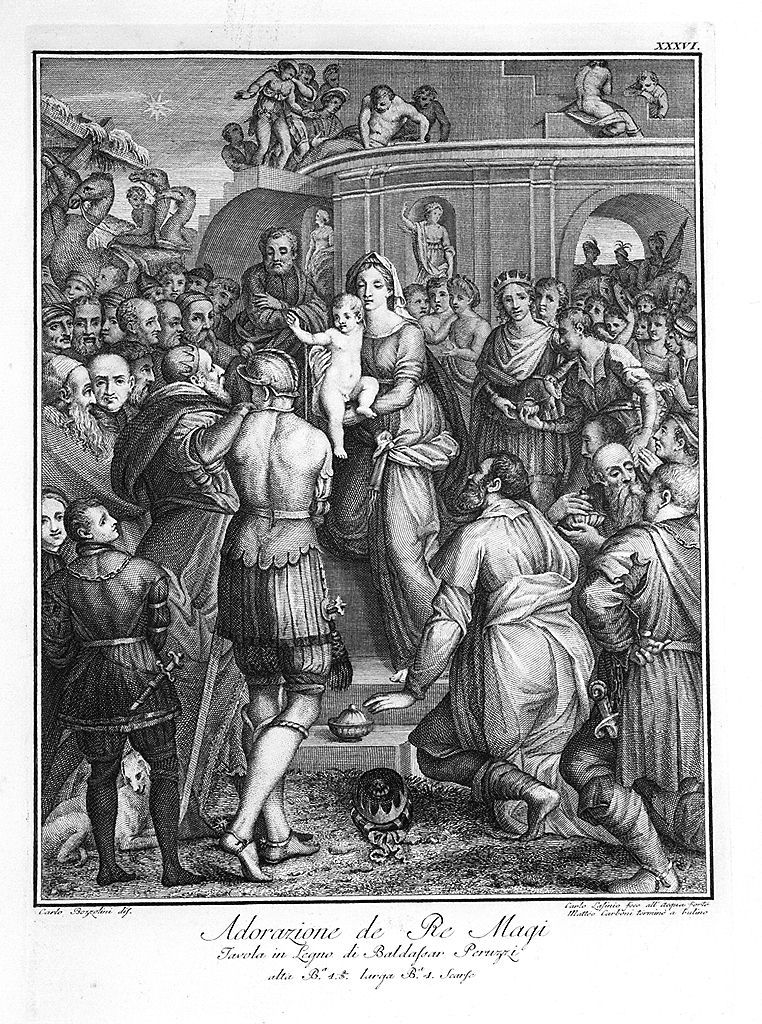 adorazione dei Re Magi (stampa, elemento d'insieme) di Lasinio Carlo, Carboni Matteo, Bozzolini Carlo (sec. XVIII)