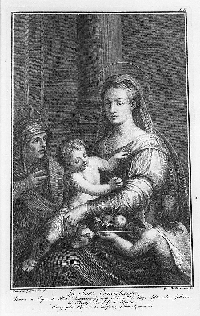 Madonna con Bambino San Giovannino e Santa Elisabetta (stampa, elemento d'insieme) di Cecchi Giovanni Battista, Bonaccorsi Pietro detto Perin del Vaga (sec. XVIII)