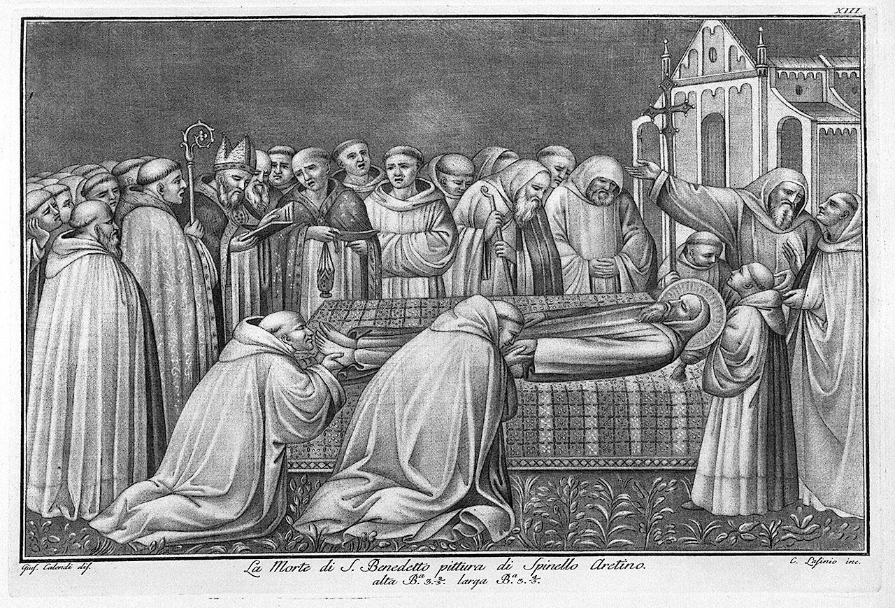 morte di San Benedetto (stampa, elemento d'insieme) di Lasinio Carlo, Giuseppe Calendi (sec. XVIII)