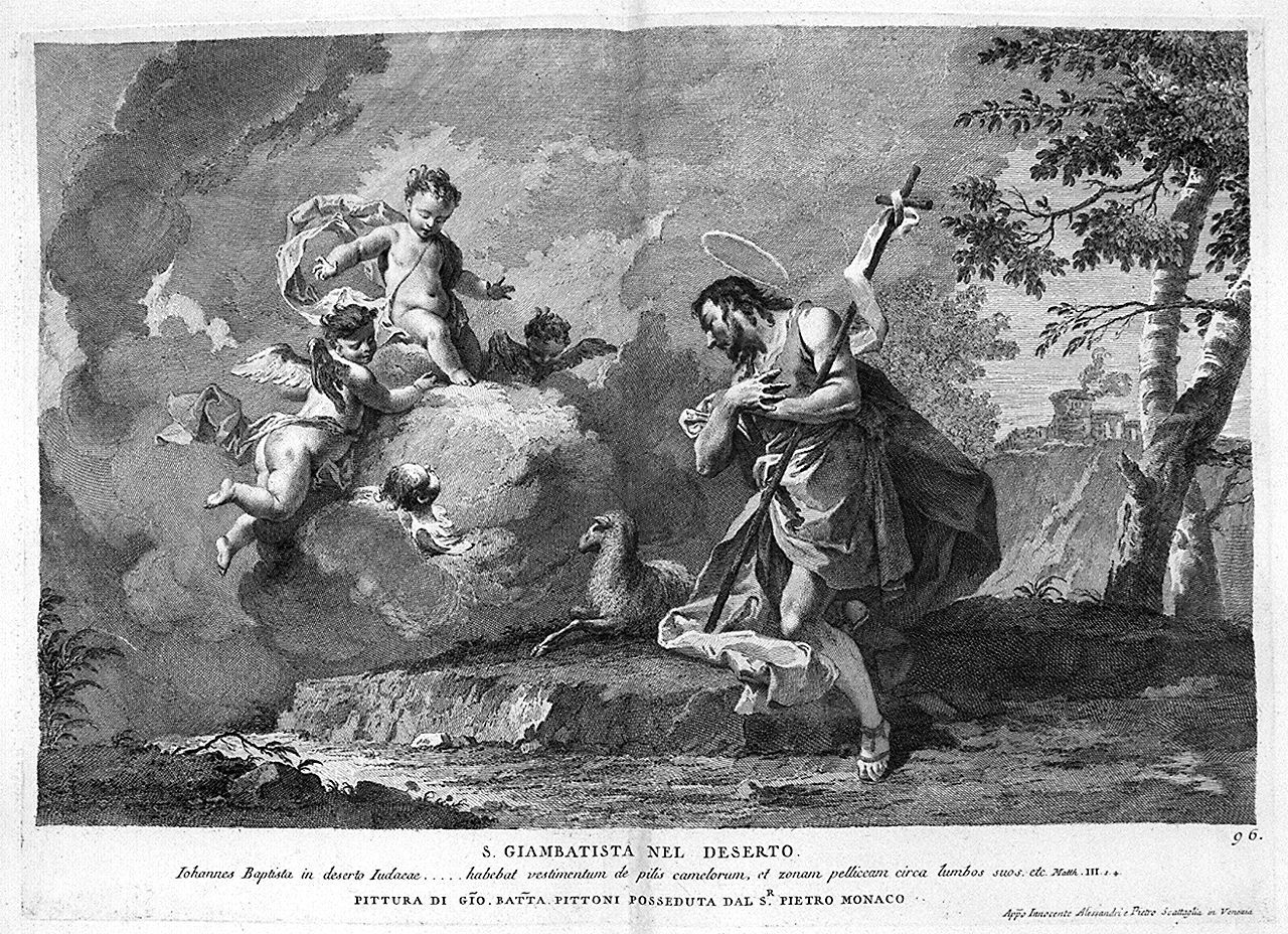 San Giovanni Battista in meditazione nel deserto (stampa, elemento d'insieme) di Monaco Pietro (sec. XVIII, sec. XVIII, sec. XVIII)