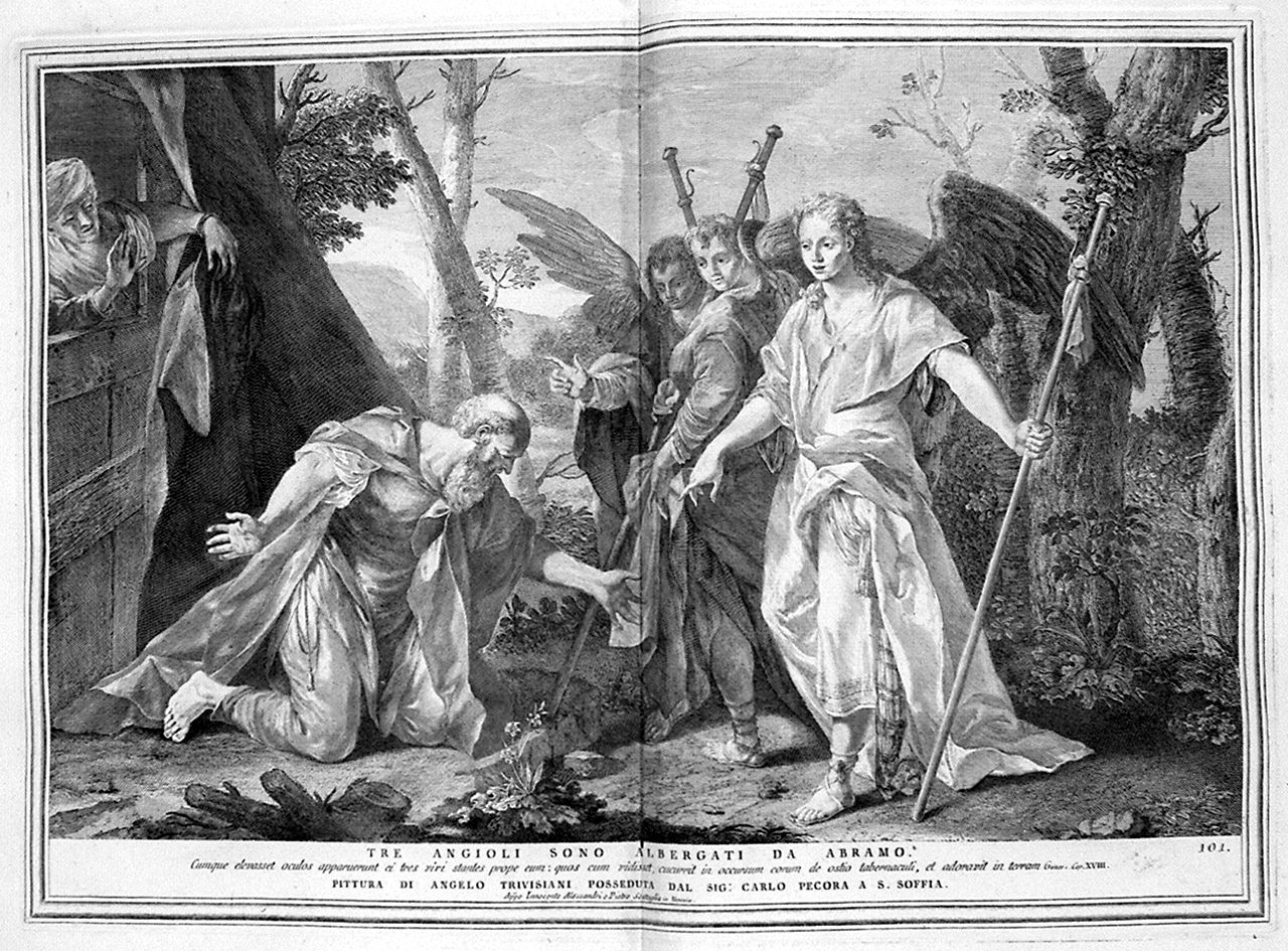 Abramo e i tre angeli (stampa, elemento d'insieme) di Monaco Pietro (sec. XVIII, sec. XVIII, sec. XVIII)