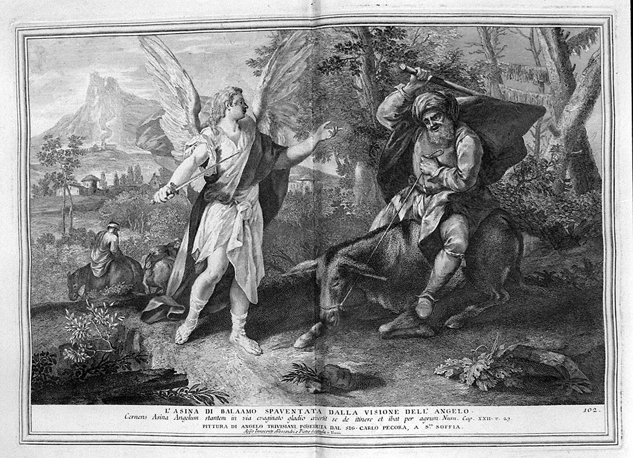 asina di Balaam (stampa, elemento d'insieme) di Monaco Pietro (sec. XVIII, sec. XVIII, sec. XVIII)