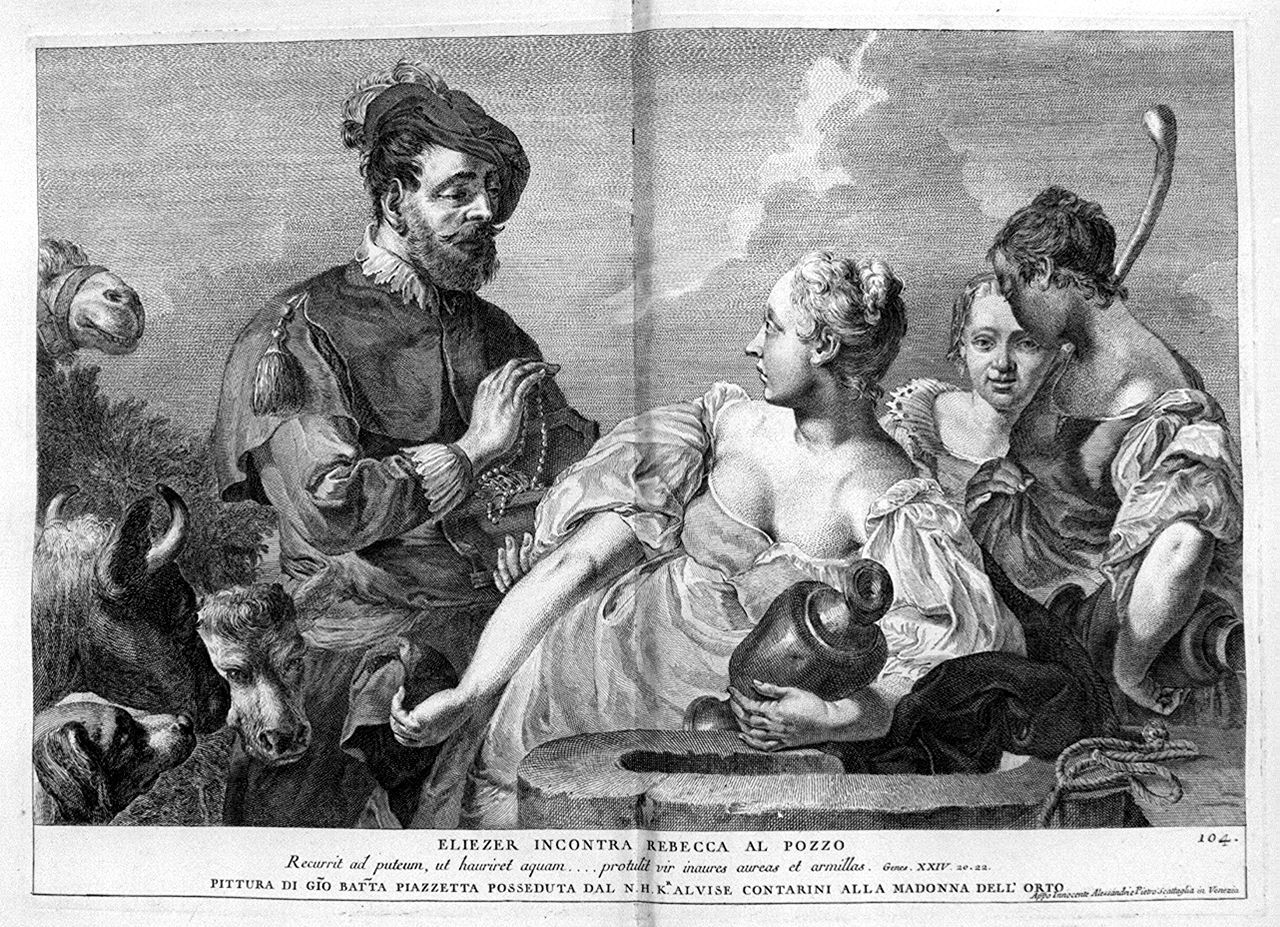 Rebecca al pozzo (stampa, elemento d'insieme) di Monaco Pietro (sec. XVIII, sec. XVIII, sec. XVIII)