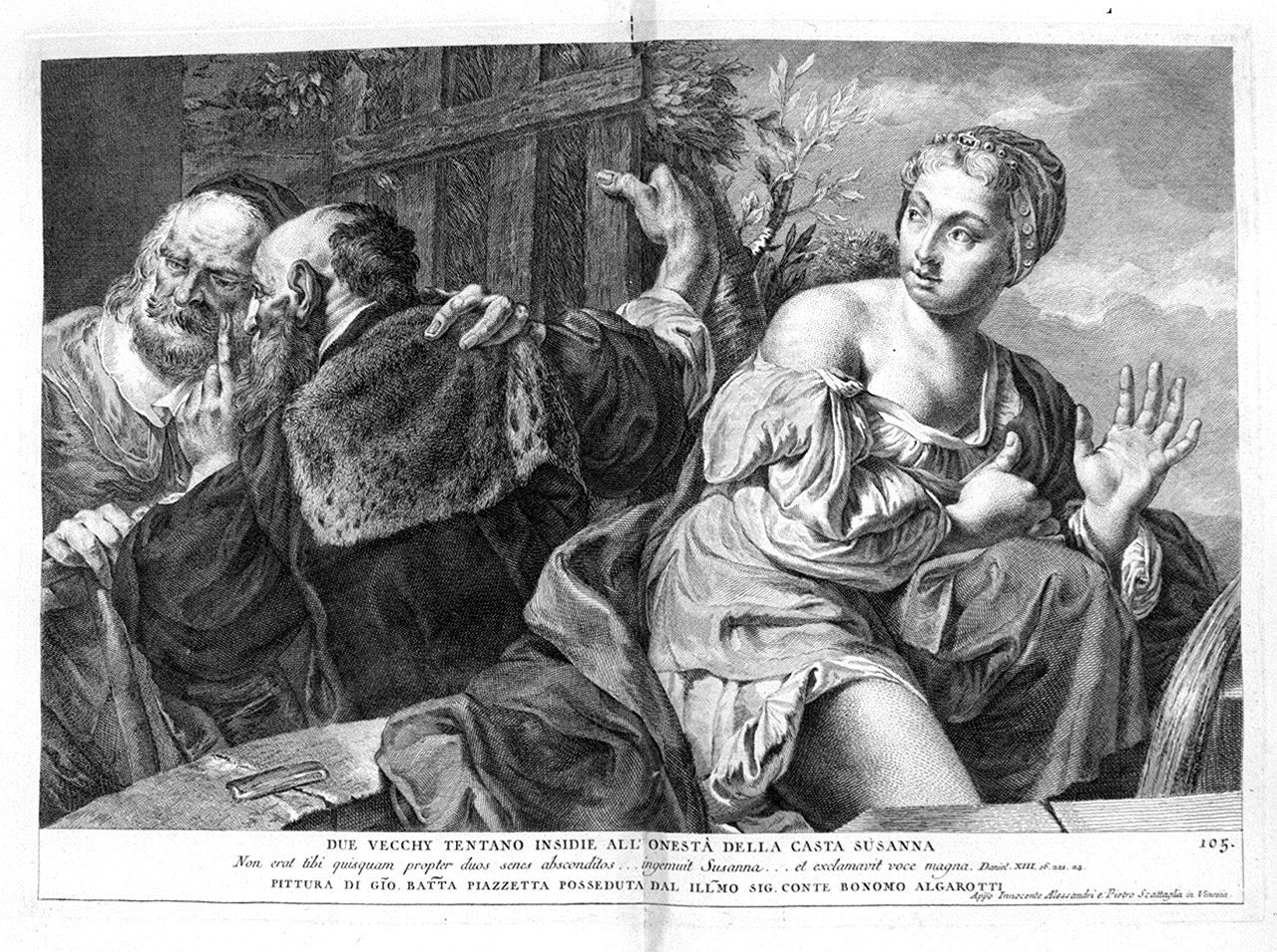 Susanna e i vecchioni (stampa, elemento d'insieme) di Monaco Pietro (sec. XVIII, sec. XVIII, sec. XVIII)