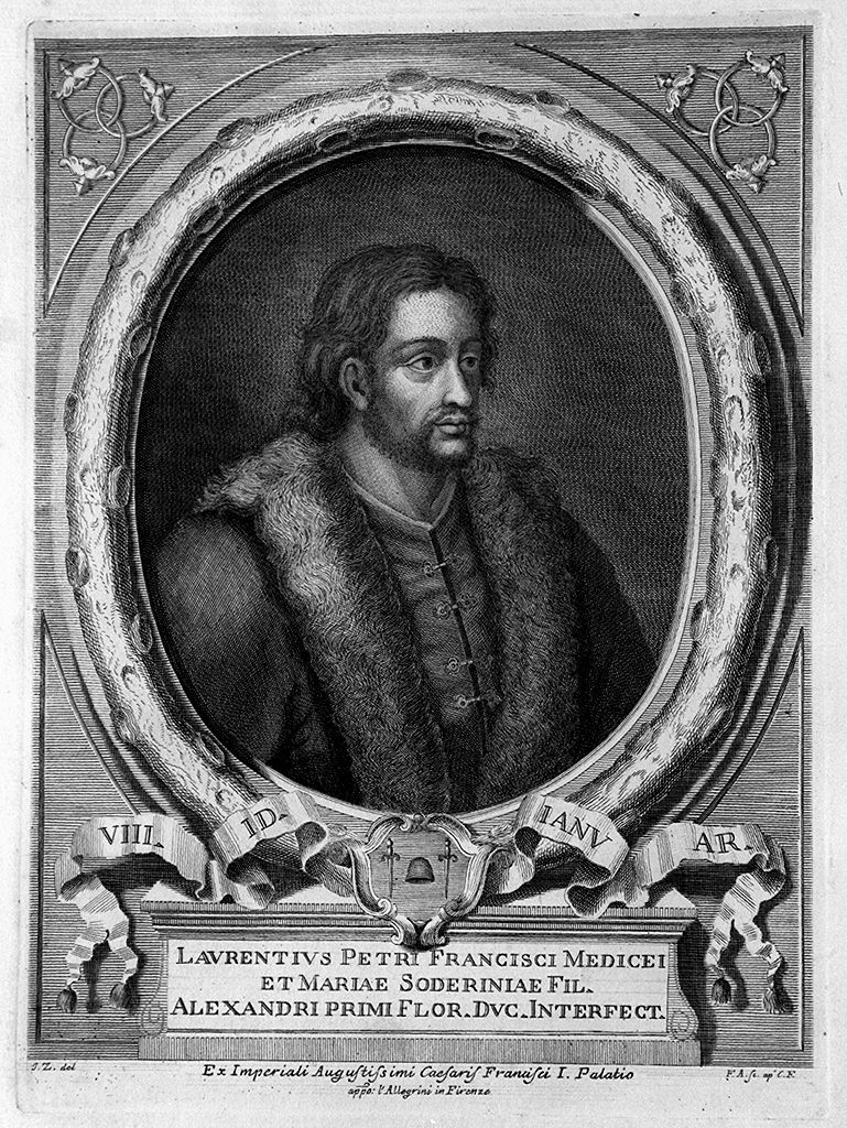 ritratto di Lorenzino dè Medici (stampa, elemento d'insieme) di Allegrini Francesco, Zocchi Giuseppe (sec. XVIII)
