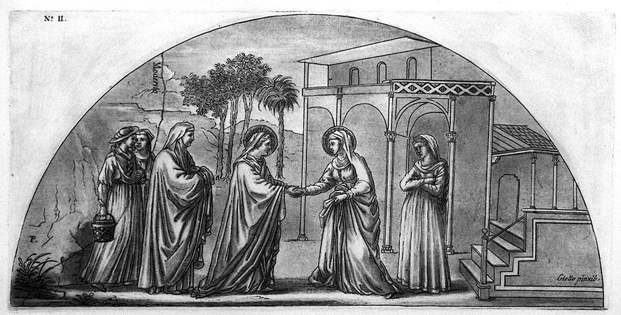 visitazione (stampa colorata a mano, elemento d'insieme) di Patch Thomas, Giotto di Bondone (sec. XVIII)