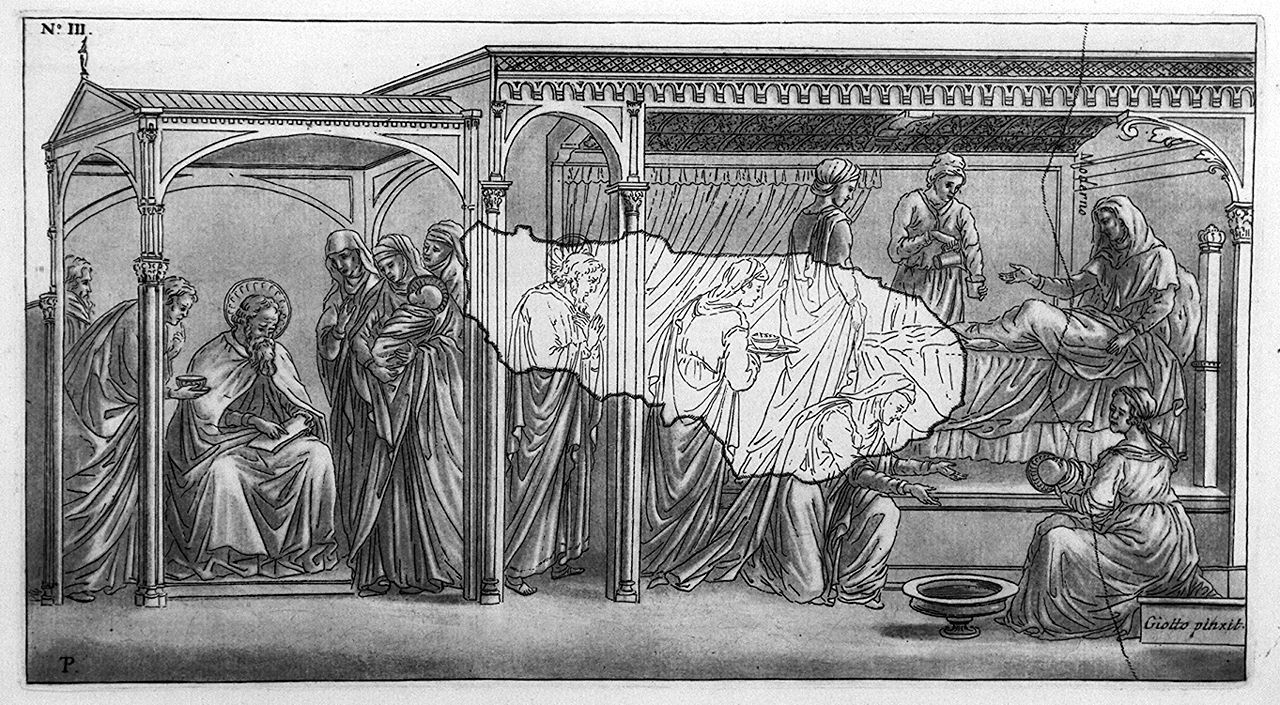 nascita di San Giovanni Battista (stampa a colori, elemento d'insieme) di Patch Thomas, Giotto di Bondone (sec. XVIII)