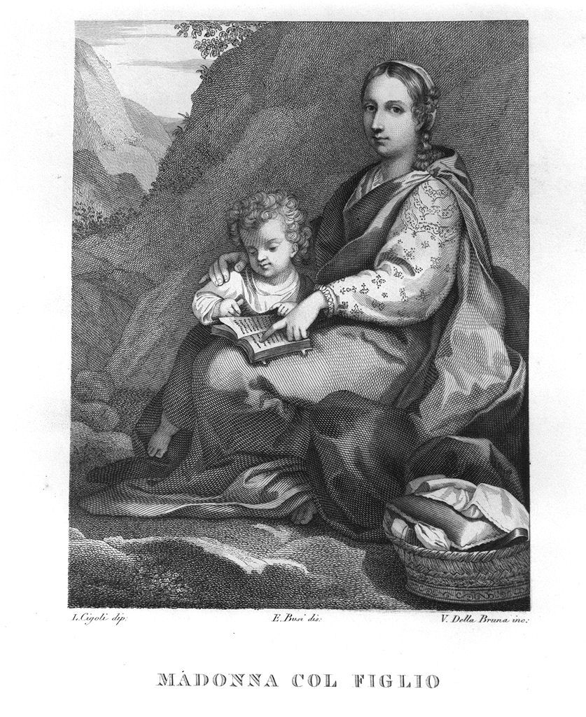 Madonna che insegna a leggere a Gesù Bambino (stampa, elemento d'insieme) di Busi Emilio (sec. XIX)