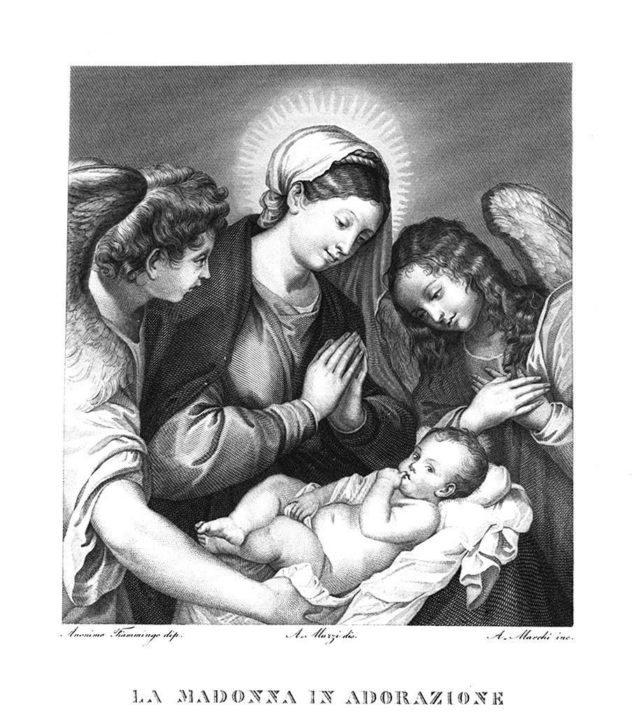 Madonna in adorazione del Bambino (stampa, elemento d'insieme) di Muzzi Antonio (sec. XIX)