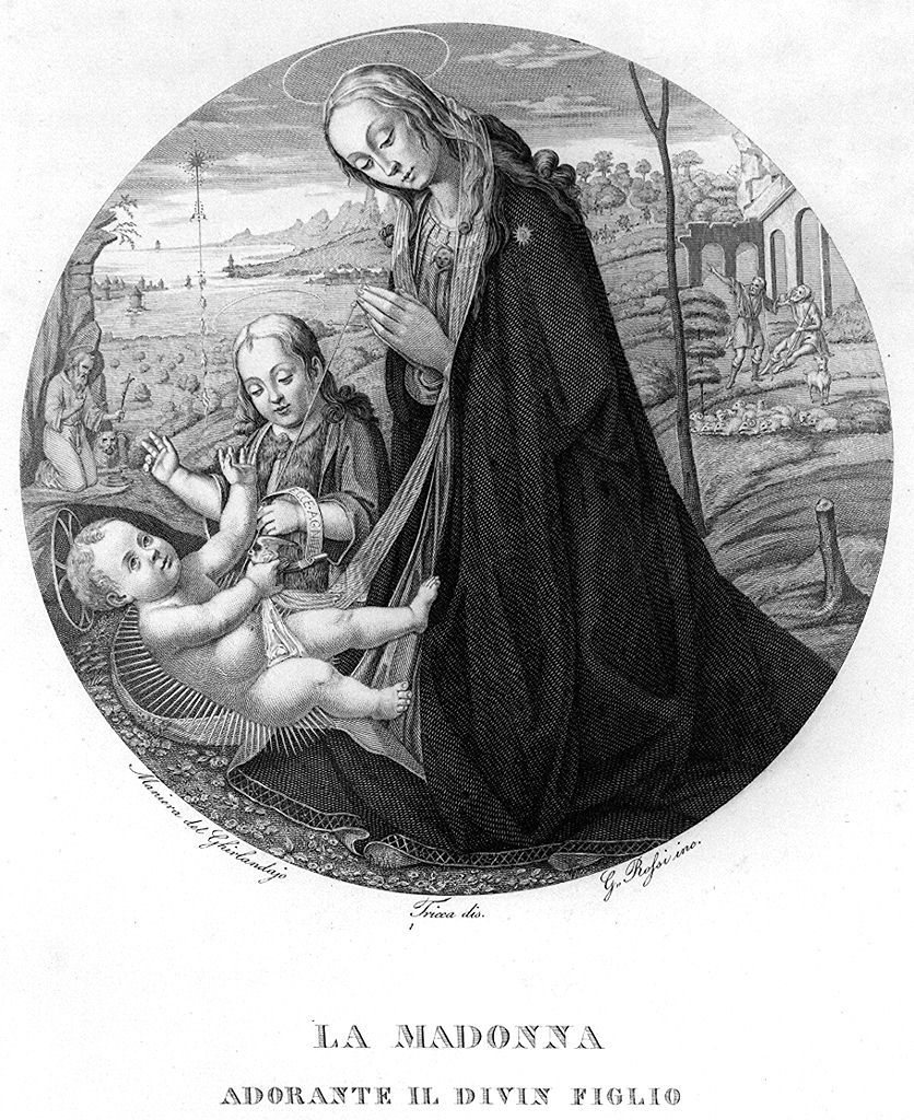Madonna in adorazione del Bambino e San Giovanni Battista (stampa, elemento d'insieme) di Rossi Giuseppe (sec. XIX)