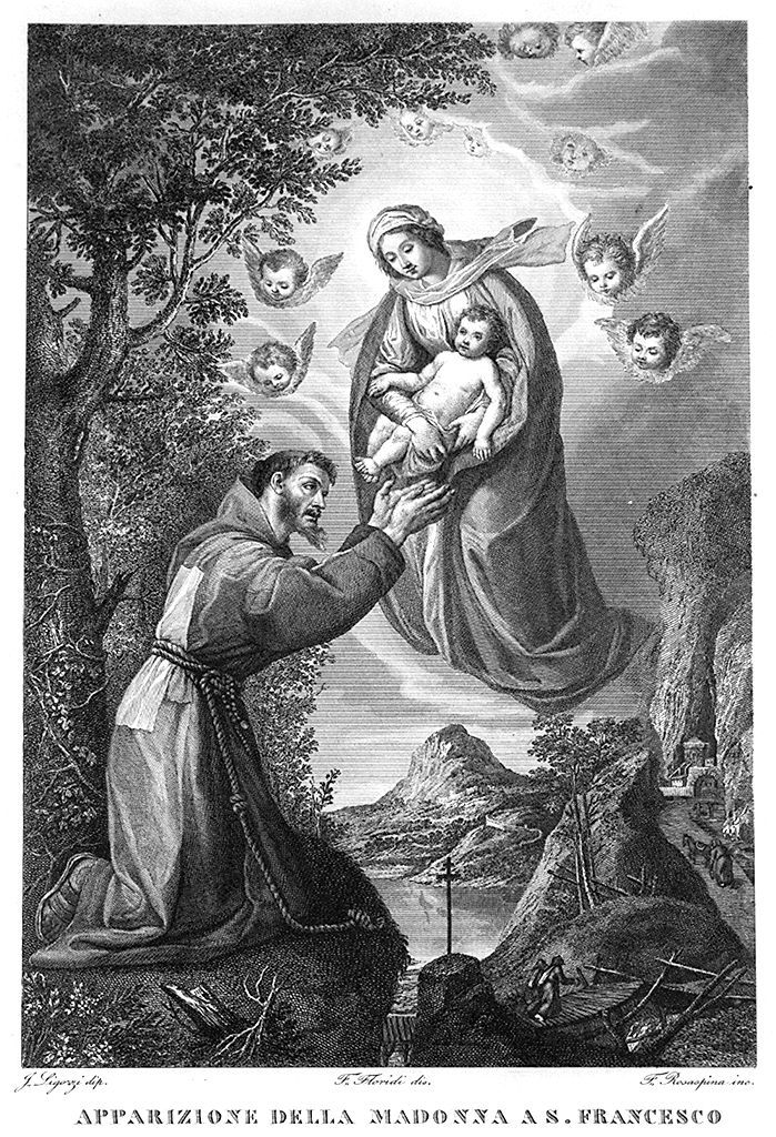 San Francesco d'Assisi riceve Gesù Bambino dalla Madonna (stampa, elemento d'insieme) di Rosaspina Francesco, Floridi Francesco (sec. XIX)