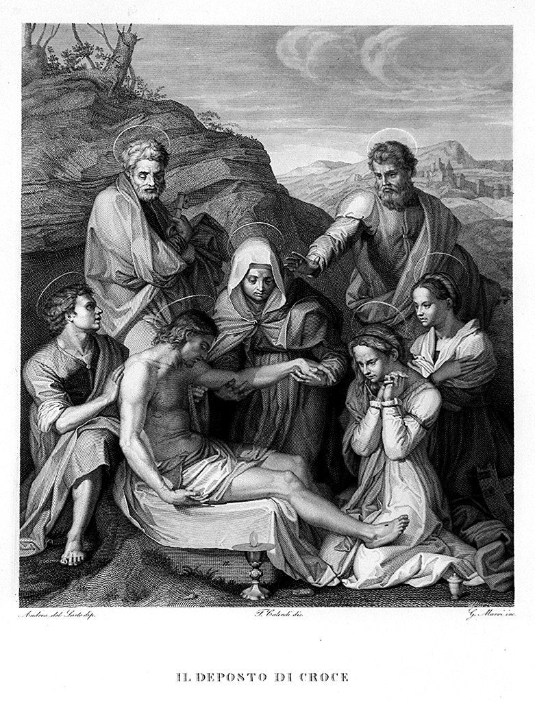 Pietà di Luco, compianto sul Cristo morto con Santi (stampa, elemento d'insieme) di Paradisi Luigi (sec. XIX)