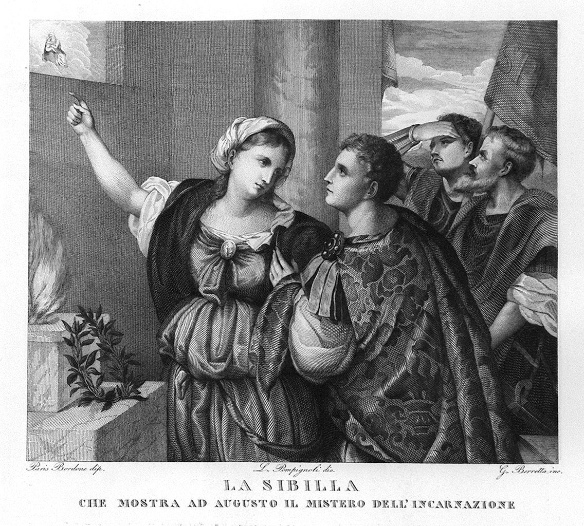 Sibilla Tiburtina rivela all'imperatore Augusto il mistero dell'incarnazione (stampa, elemento d'insieme) di Pompignoli Luigi (sec. XIX)