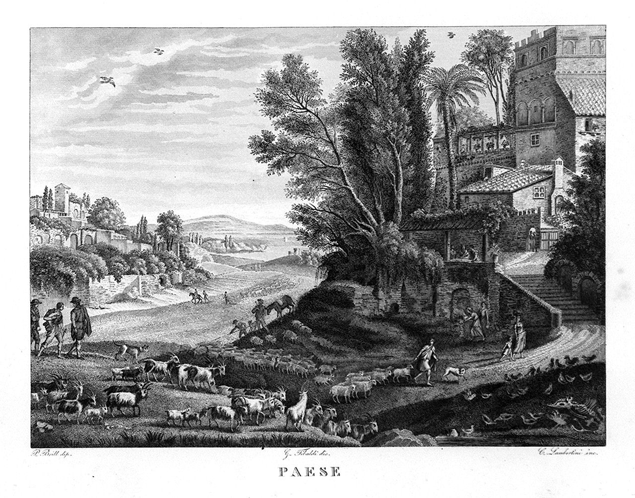 paesaggio con pastori e greggi (stampa, elemento d'insieme) di Lambertini Camillo (sec. XIX)