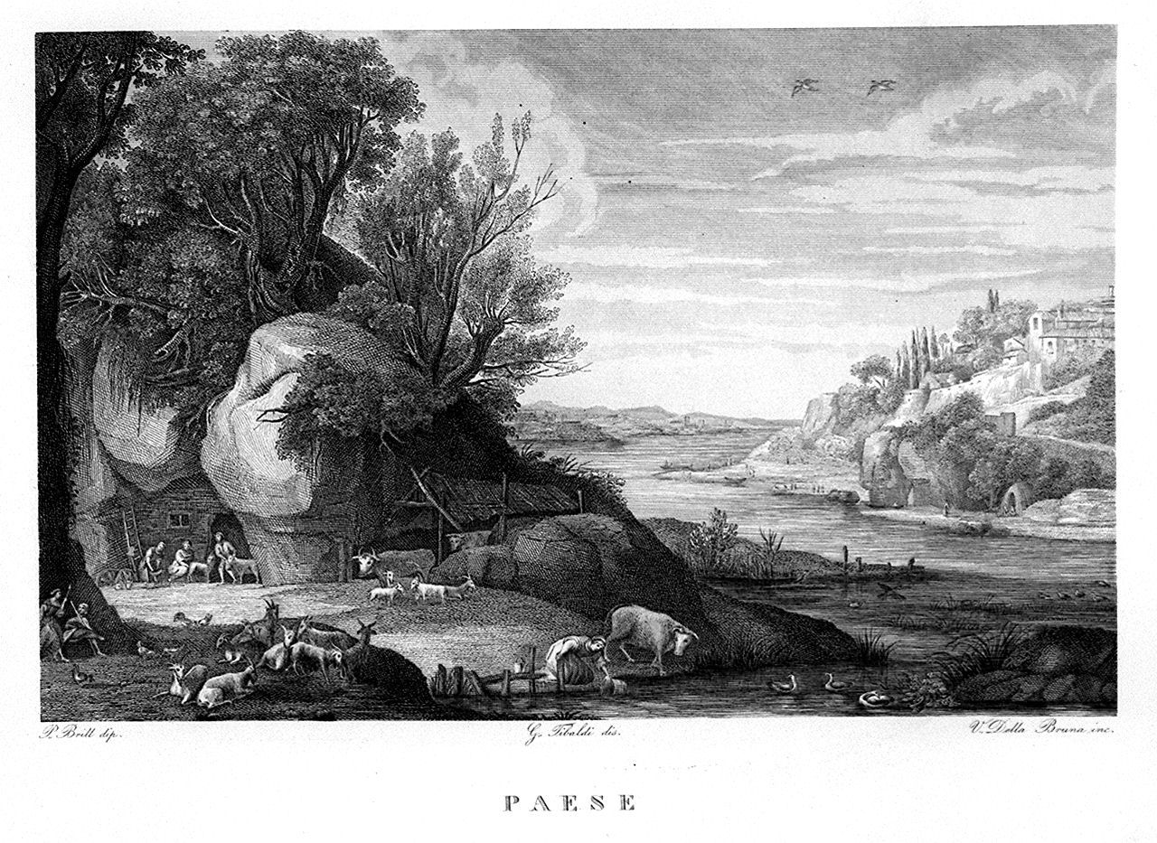 paesaggio con pastori e greggi (stampa, elemento d'insieme) di Della Bruna Vincenzo (sec. XIX)