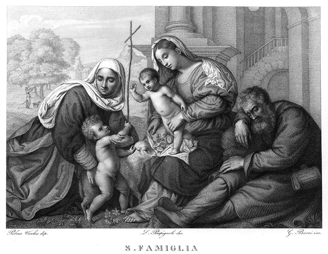 Sacra Famiglia con San Giovanni Battista bambino e Sant'Elisabetta (stampa, elemento d'insieme) di Barni Giuseppe, Pompignoli Luigi (sec. XIX)