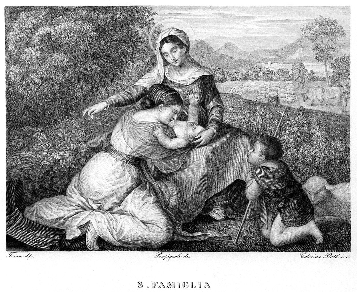 Madonna con Bambino, San Giovannino e Santa Caterina d'AlesSandria (stampa, elemento d'insieme) di Pompignoli Luigi (sec. XIX)