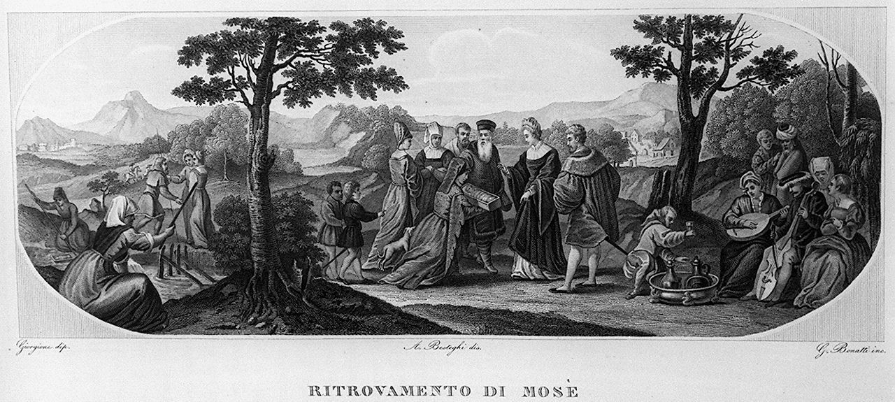 Mosè salvato dalle acque (stampa, elemento d'insieme) di Bonatti Gaetano (sec. XIX)