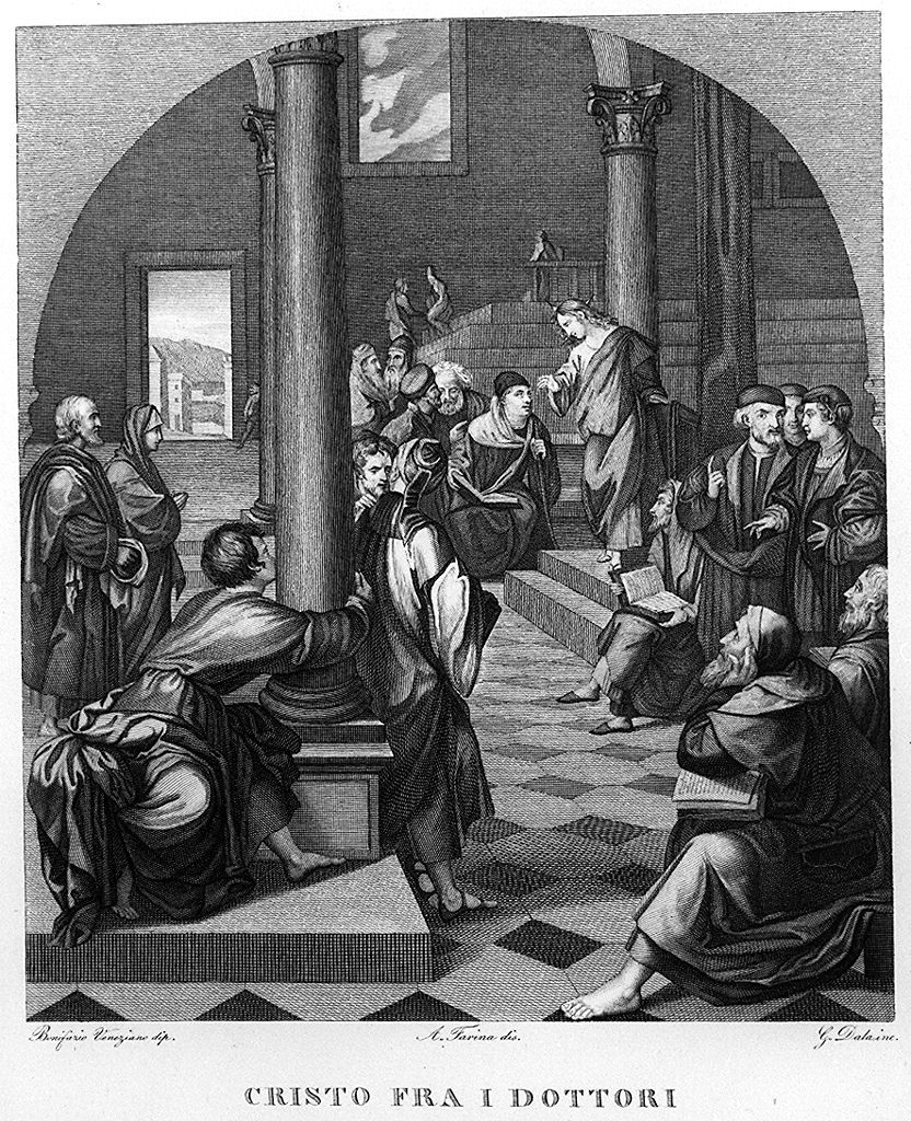 disputa di Gesù con i dottori del tempio (stampa, elemento d'insieme) di Farina Achille (sec. XIX)