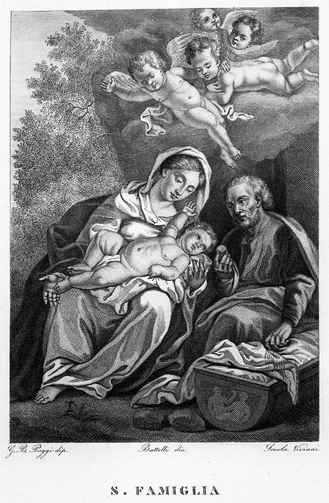 Sacra Famiglia con angeli (stampa, elemento d'insieme) di Viviani Antonio (scuola) (sec. XIX)