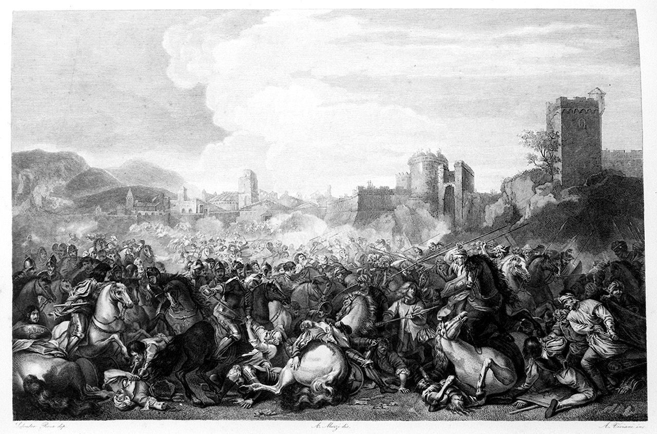 battaglia di cavalieri (stampa, elemento d'insieme) di Viviani Antonio, Muzzi Antonio (sec. XIX)