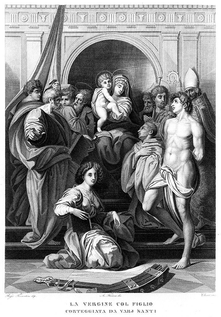Pala Dei, Madonna con Bambino in trono e Santi (stampa, elemento d'insieme) di Farina Achille (sec. XIX)