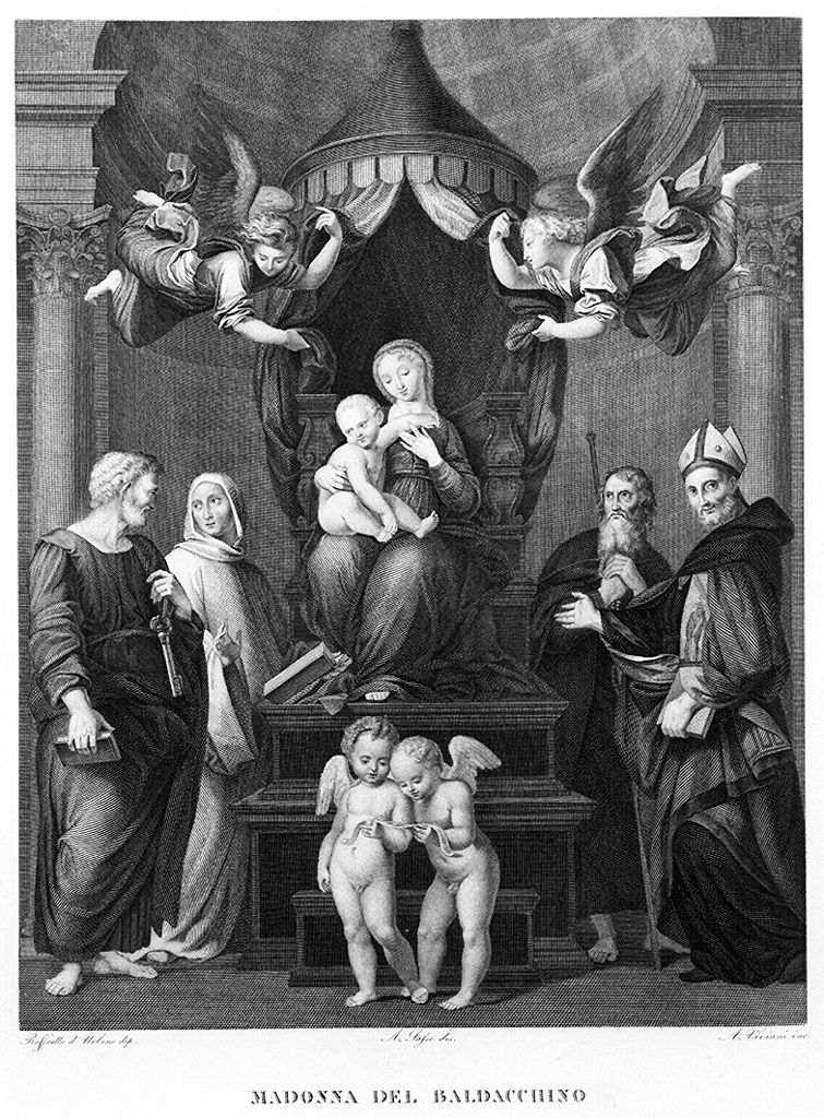 Madonna del baldacchino, Madonna con Bambino in trono e Santi (stampa, elemento d'insieme) di Viviani Antonio (sec. XIX)
