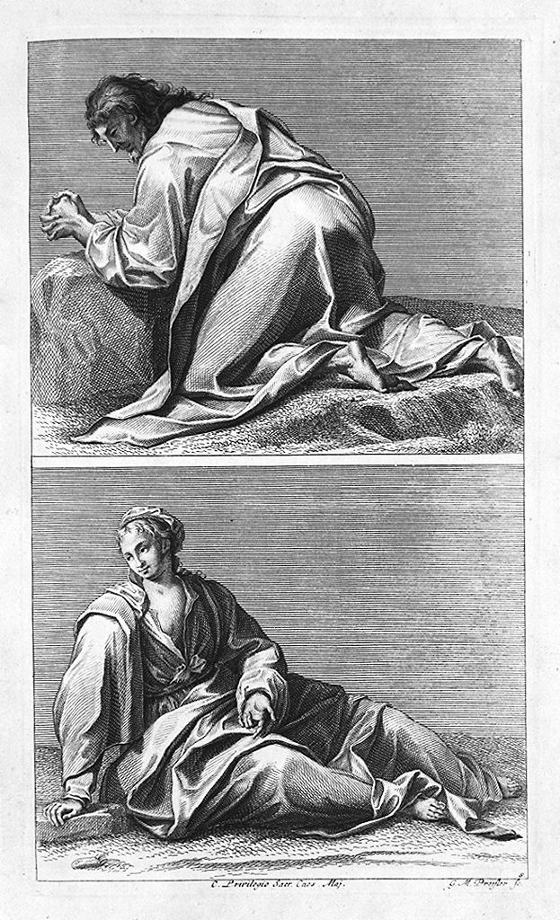 figura femminile seduta in terra, figura maschile orante (stampa, elemento d'insieme) di Preissler Georg Martin, Preissler Johann Daniel (sec. XVIII)