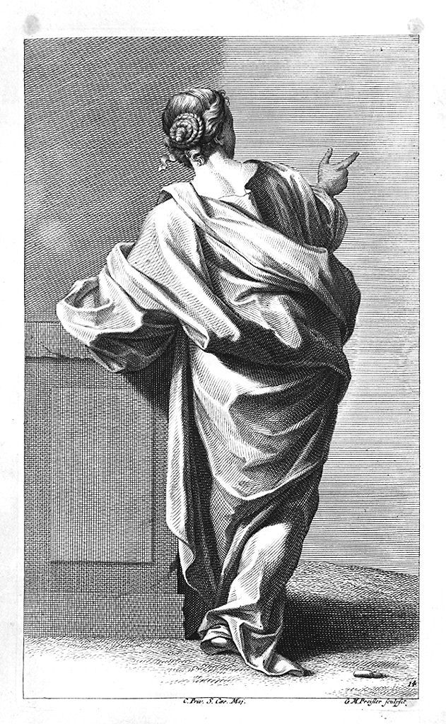 figura femminile vista di spalle appoggiata ad un basamento (stampa, elemento d'insieme) di Preissler Georg Martin, Preissler Johann Daniel (sec. XVIII)