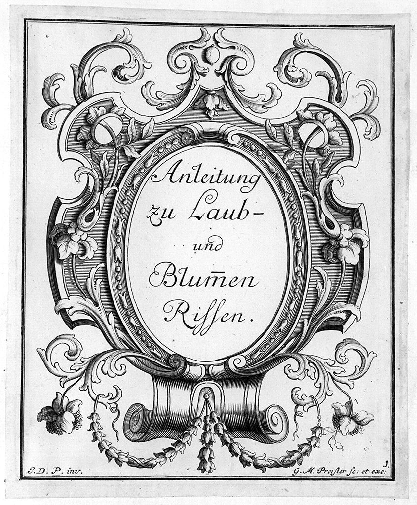 cartella con motivi decorativi floreali e vegetali a volute (stampa, elemento d'insieme) di Preissler Georg Martin, Preissler Johann Daniel (secc. XVIII/ XIX)
