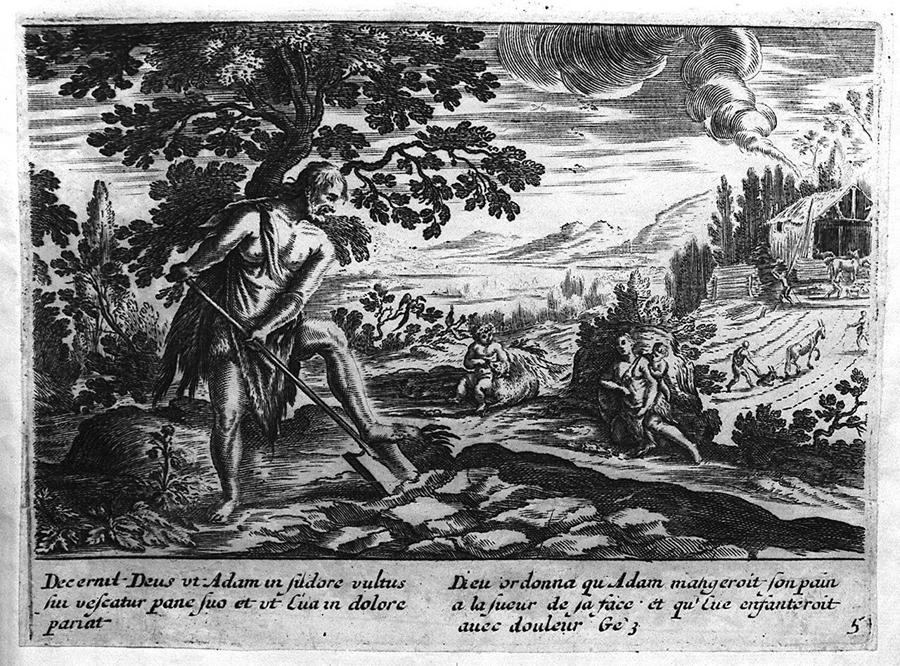Adamo coltiva la terra (stampa tagliata, elemento d'insieme) - ambito francese (sec. XVII)