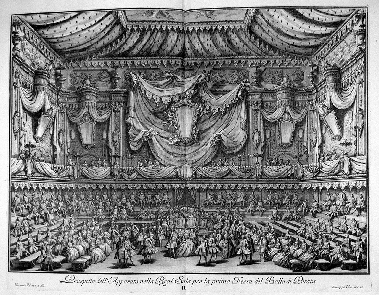 veduta della sala del palazzo reale di Napoli allestita per una festa da ballo (stampa, elemento d'insieme) di Vasi Giuseppe (sec. XVIII)