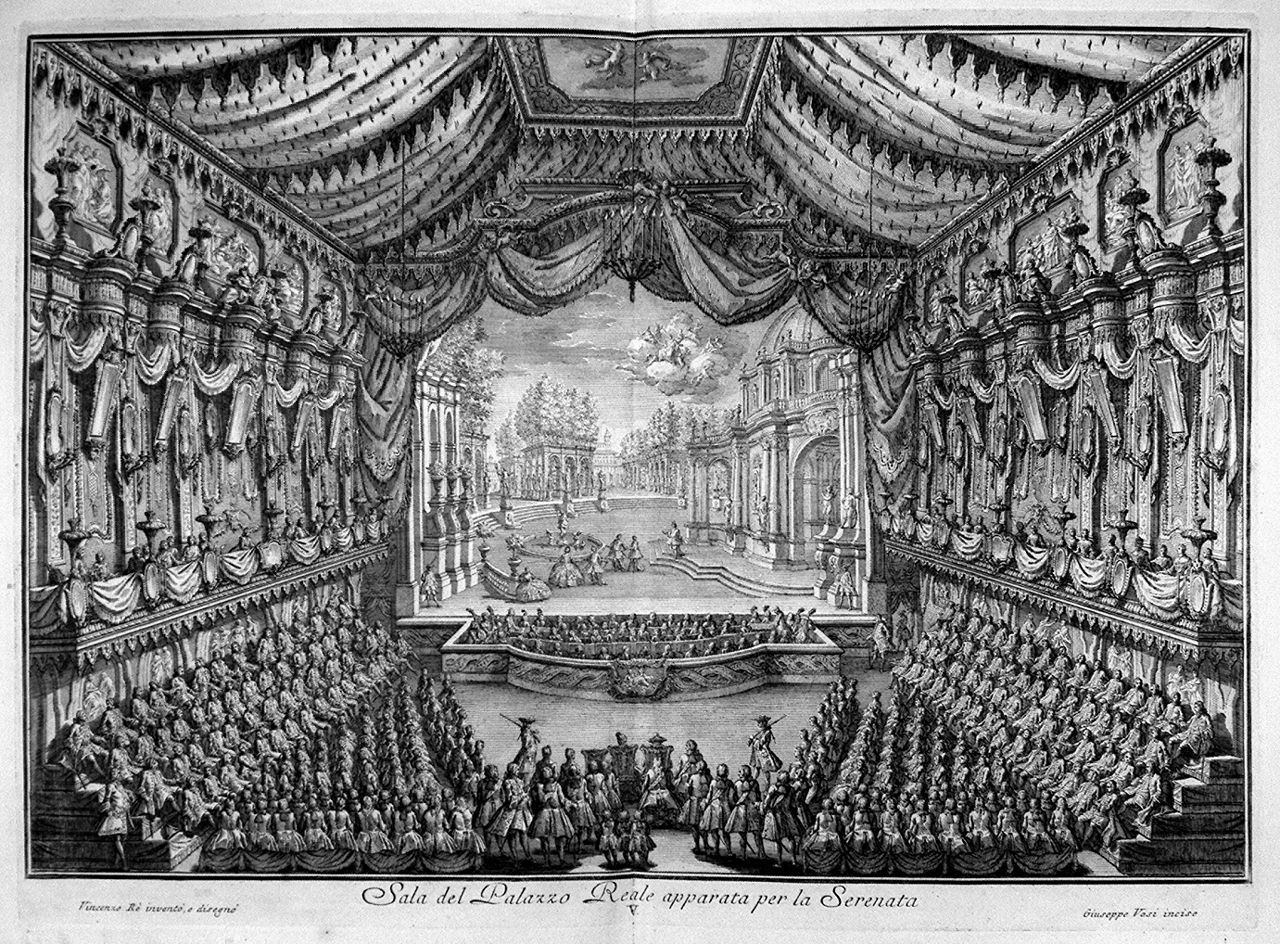 veduta della sala del palazzo reale di Napoli allestita per un concerto (stampa, elemento d'insieme) di Vasi Giuseppe (sec. XVIII)