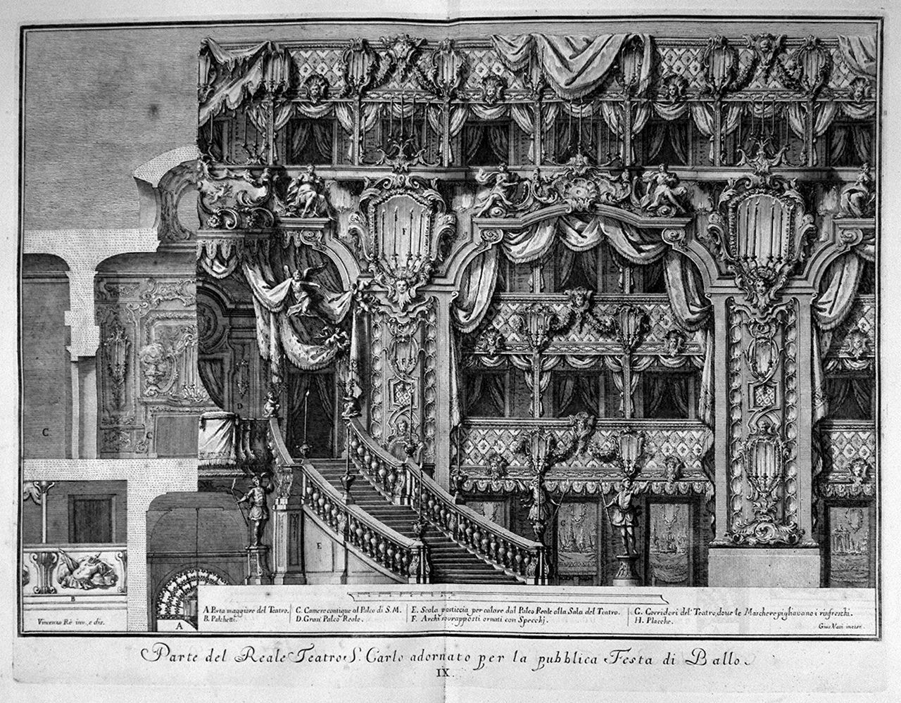 spaccato del teatro San Carlo di Napoli allestito per la festa da ballo (stampa, elemento d'insieme) di Vasi Giuseppe (sec. XVIII)