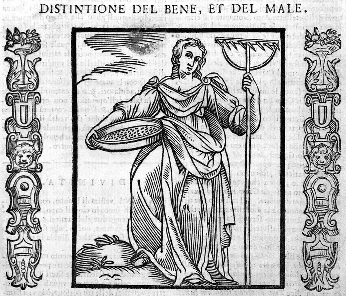 figura femminile che sorregge un grosso setaccio e un rastrello (stampa, elemento d'insieme) - ambito veneto (sec. XVII, sec. XVII)
