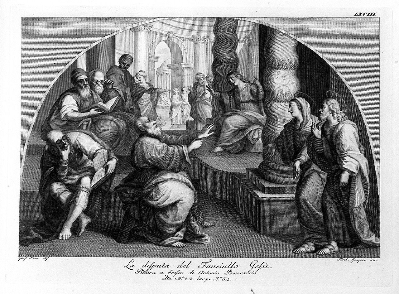 disputa di Gesù con i dottori nel tempio (stampa, elemento d'insieme) di Pera Giuseppe (sec. XVIII)